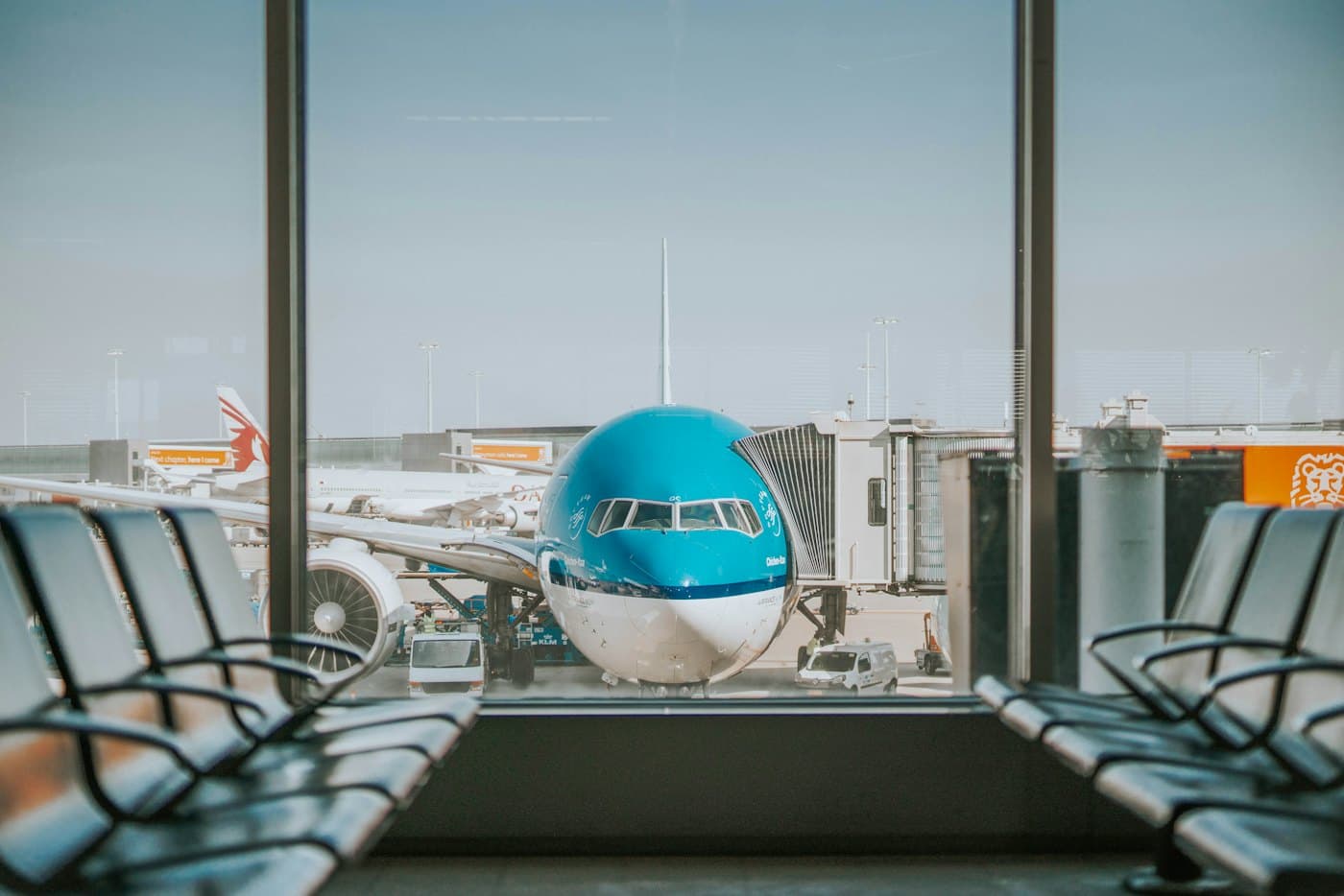 Aircraft at the gate seen from the departure lounge